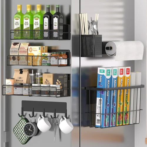 Estante magnético para especias para refrigerador, paquete de 7 estantes magnéticos fuertes 100% de metal, organizador de especias con soporte para
