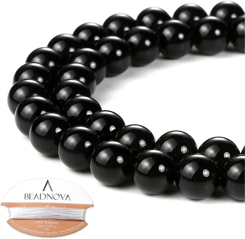 Cuentas de ónix negro BEADNOVA con cuentas de cristal natural, piedras preciosas, redondas, sueltas, curativas de energía con cordón elástico de 01)