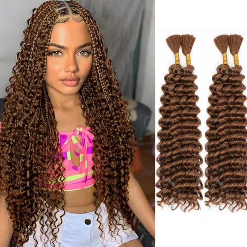 Miniatura 9 de Mezcla de cabello humano para trenzar, cabello sintético rizado bohemio para trenzar, trenzas bohemias de 16 pulgadas, 4 paquetes de 110g/paquete