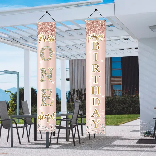 Miniatura 4 de Miss Onederful - Cartel de feliz cumpleaños para puerta y letrero de porche para niñas bebés, suministros de fiesta de primer cumpleaños, decoración