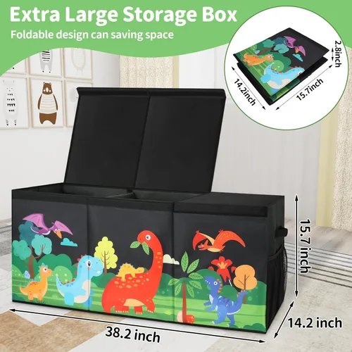 Miniatura 4 de Caja de juguetes extragrande para niños, organizador de juguetes plegable con divisores y tapas, contenedor de almacenamiento de dinosaurios de 148L