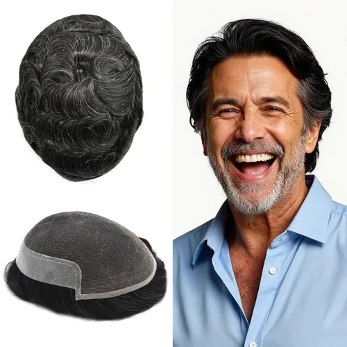 Miniatura 79 de LYRICAL HAIR Sistema de cabello humano con encaje frontal francés para hombres, tupé de piel de polietileno para hombres, línea capilar natural