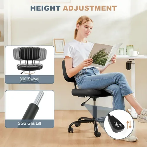 Miniatura 6 de Silla de escritorio de oficina sin brazos, soporte lumbar de respaldo bajo, pequeña ergonómica, silla giratoria de piel sintética de 360° con altura