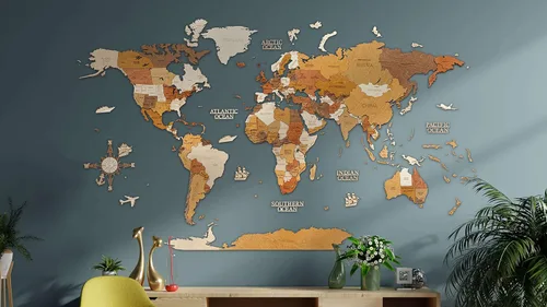 Miniatura 12 de Decoración de pared de mapa del mundo de madera, multicapa, madera teñida multicolor, nombres grabados, diseño 3D único, para cocina, oficina
