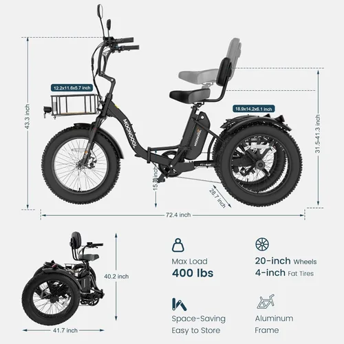 Miniatura 4 de MOONCOOL Triciclo eléctrico para adultos, marco de aluminio de neumático grueso de 1000 W, 4 pulgadas, batería de 48 V y 14.5 Ah, frenos de disco