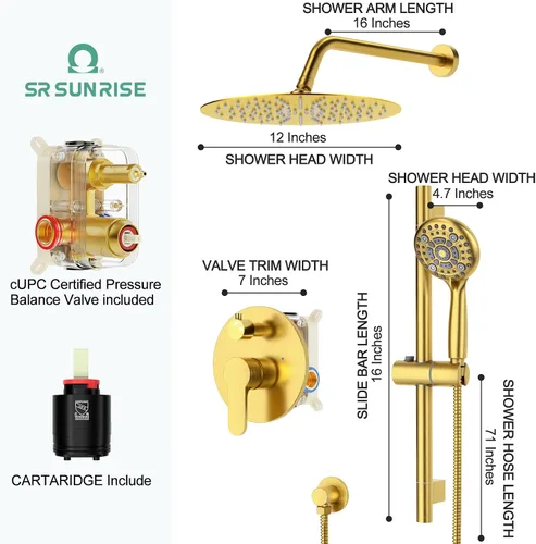 Miniatura 9 de SR SUN RISE Sistema de ducha de 12 pulgadas de oro cepillado, kit de montaje en pared ajustable con barra deslizante de 16 pulgadas, grifo de ducha