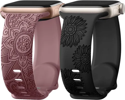 Miniatura 13 de Odbeai Correa deportiva de silicona suave con grabado floral compatible con Apple Watch de 1.496 pulgadas, 1.575 pulgadas, 1.614 pulgadas, 1.654
