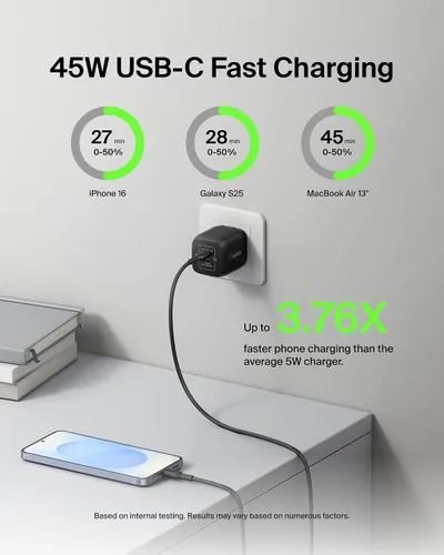 Miniatura 2 de Belkin Bloque de cargador USB C dual de 45 W, PD3.0 con GaN - Carga súper rápida - Samsung Galaxy S25, Apple iPhone 17, Air, Pro, Pro Max, iPad