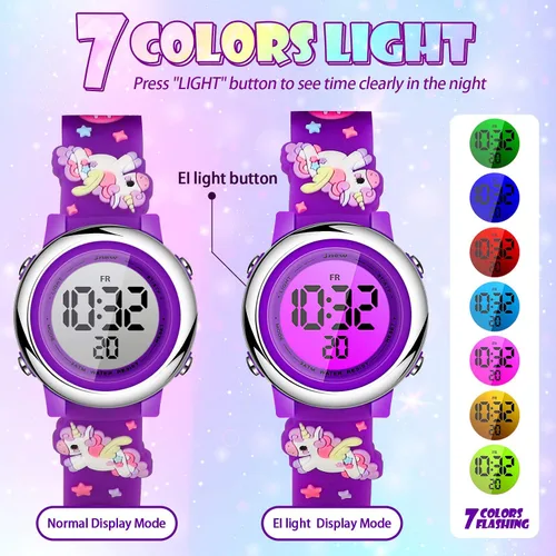 Miniatura 3 de 2 Pieces Kids Unicorn Watch Toddler Watch and Silicone Wristband Cute 3D Kids Digital Watch Waterproof 7 Color Lights Watch with Alarm Stopwatch