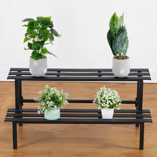 Miniatura 7 de Soporte de plantas de metal resistente de 2 niveles para interiores y exteriores, estante decorativo para exhibición de plantas para jardín, patio