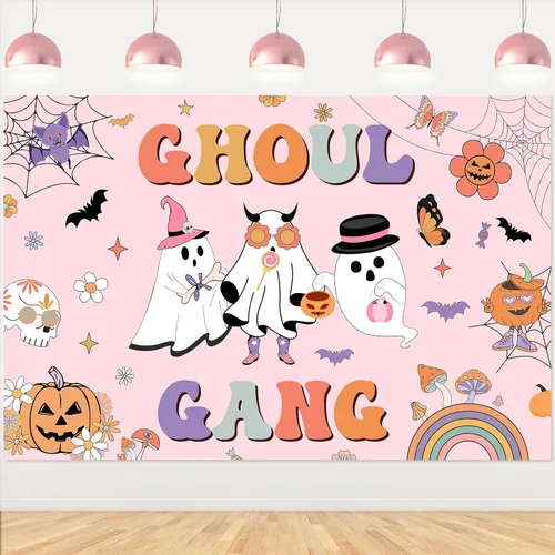 Miniatura 9 de Groovy - Decoración de fiesta de cumpleaños de Halloween, 7 x 5 pies, pancarta de fondo de feliz día de abucheo para niña, decoración bohemia arco