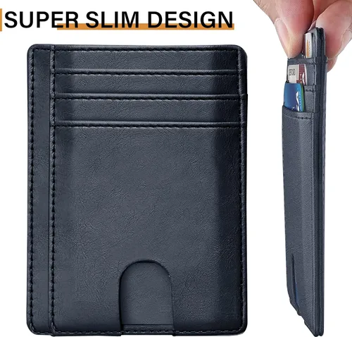 Miniatura 6 de AMEHA Cartera minimalista delgada para hombre, bolsillo frontal, de cuero real, con bloqueo RFID, tarjetero de crédito comercial con ventana