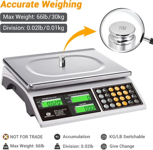 Miniatura 3 de Báscula de cálculo de precios, báscula digital de 66 libras para alimentos comerciales y productos de carne con retroiluminación verde LCD