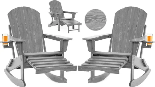 Miniatura 12 de Mecedora plegable Adirondack, silla de patio multifuncional 4 en 1 con otomana retráctil, silla de exterior con textura de madera, silla de césped