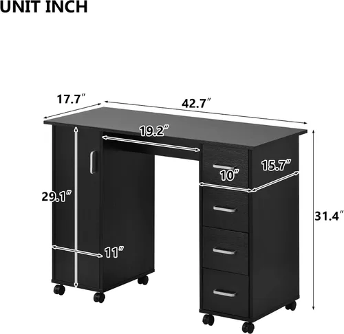 Miniatura 4 de Escritorio de manicura de uñas para técnico, estación de mesa de uñas de spa de salón de madera con gabinete, cajones, ruedas controlables (negro)