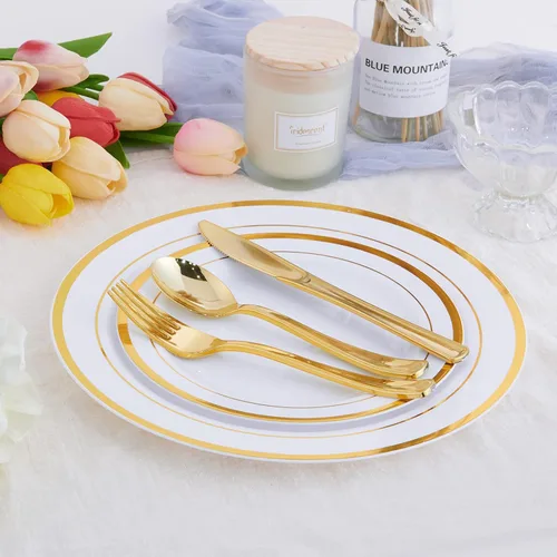 Miniatura 4 de 125 unidades de platos de plástico dorados incluyen 25 platos para cenar, 25 postres desechables y cubiertos desechables dorados, juego de vajilla