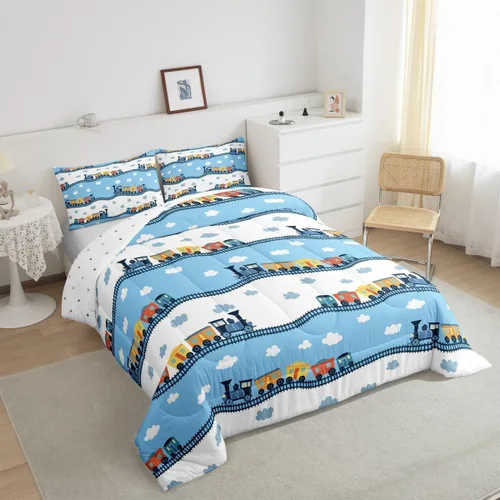 Miniatura 3 de Erosebridal Juego de edredón de tren de locomotora para niños, tamaño individual, lindo juego de ropa de cama con motor de vapor para niños y niñas