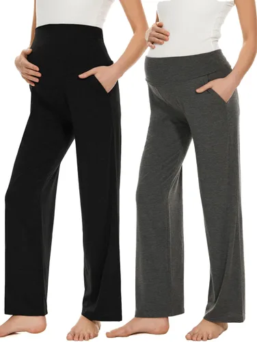 Ecavus Pantalones de maternidad anchos y rectos para mujer, versátiles, cómodos, palazzo, elásticos, con bolsillos