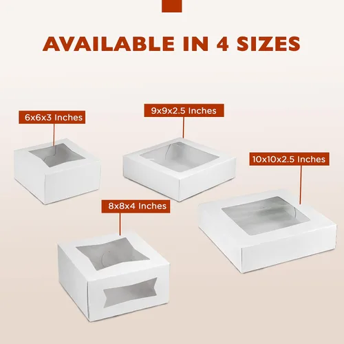 Miniatura 6 de Fit Meal Prep Paquete de 25 cajas para pasteles con ventana de 8 x 8 x 4 pulgadas, contenedores de panadería blancos desplegables para postres