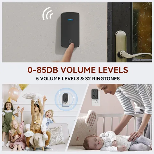 Miniatura 4 de AIDA - Timbre inalámbrico, timbre autoalimentado con tomacorriente adicional, botón de presión sin necesidad de batería, timbre de puerta Negro