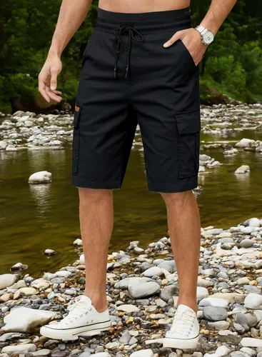 Miniatura 4 de JMIERR Pantalones cortos de sarga para hombre con cordón de algodón clásico elástico con 6 bolsillos