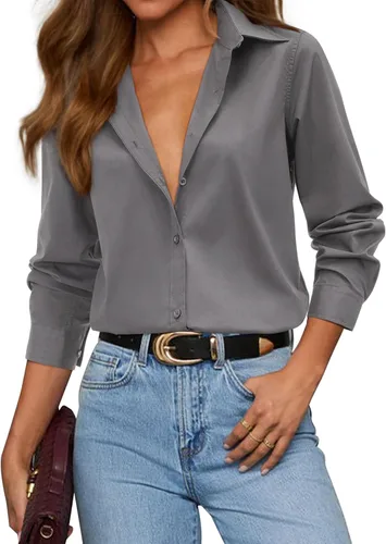 Miniatura 14 de siliteelon Camisas con botones para mujer, camisa de vestir de algodón de manga larga con cuello, camisa de negocios, trabajo, oficina, blusa