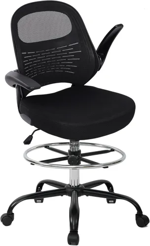 HYLONE Silla de dibujo alta de oficina con reposabrazos abatibles, silla ergonómica para computadora con soporte lumbar, reposapiés ajustable, Negro