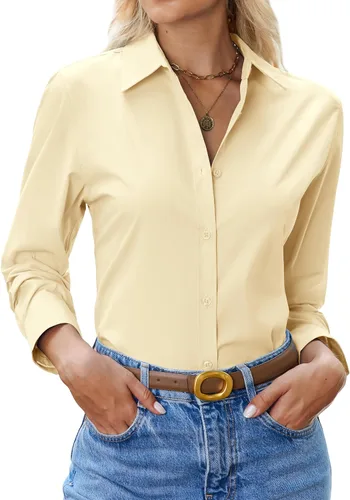 Miniatura 18 de siliteelon Camisa con botones para mujer: camisa de vestir con cuello de manga larga de algodón con botones, blusa de trabajo y oficina