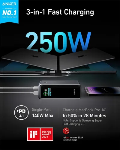 Miniatura 2 de Anker Prime Power Bank, cargador portátil de 27,650 mAh de 3 puertos y 250 W para viajes, aprobado por la TSA, aplicación inteligente, para MacBook