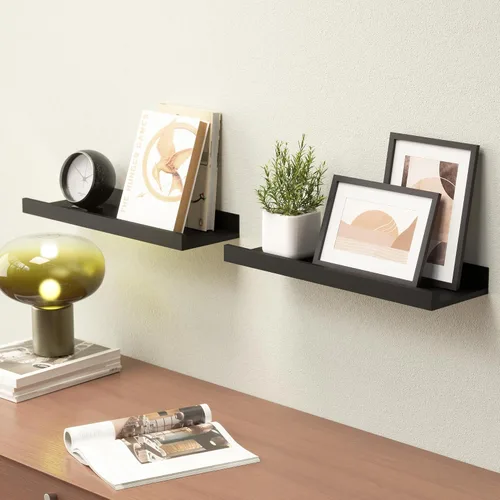 Miniatura 2 de Boswillon Juego de 2 estantes flotantes montados en la pared, modernos estantes de pared negros para almacenamiento con labio, estante de repisa