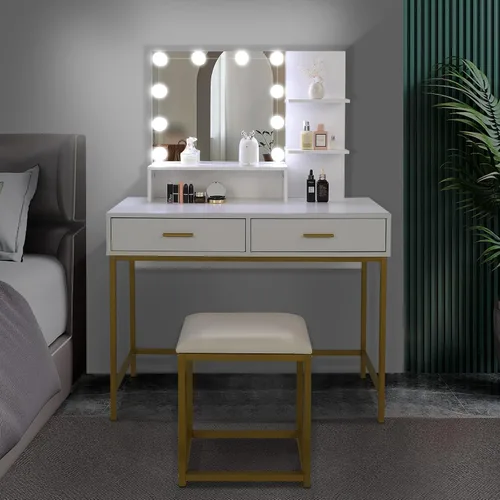 Miniatura 8 de Henf Escritorio negro con espejo y luces, mesa de tocador de maquillaje, 2 cajones y 3 estantes de almacenamiento, tocador de dormitorio