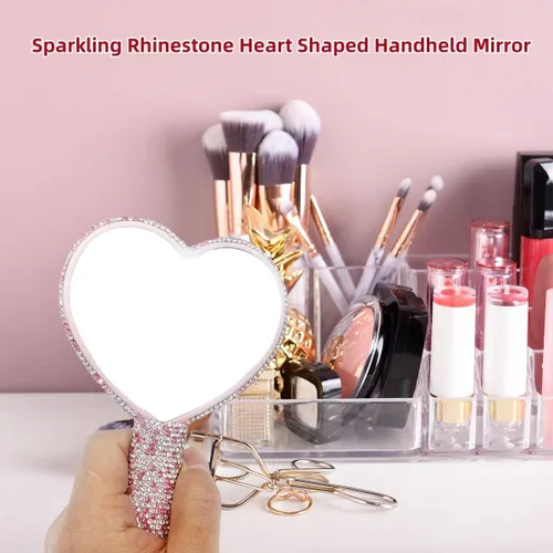 Miniatura 2 de LOPURO Espejo de mano con forma de corazón de diamantes de imitación, espejo de mano con diamantes de imitación, bonito espejo de mano cosmético