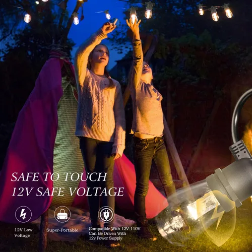 Miniatura 9 de GANA - Tira de luces LED para exteriores de 12V de bajo voltaje y segura, 48 pies, 15 bombillas inastillables, 2200K, luz blanca cálida