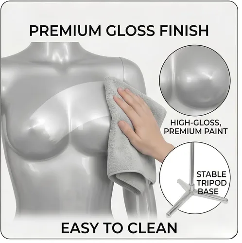 Miniatura 5 de Maniquí de torso brasileño con curvas plateadas, altura ajustable de 66.9 a 92.1 pulgadas, forma de vestido con brazos giratorios desmontables