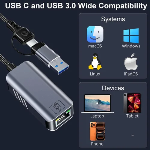 Miniatura 9 de Adaptador USB C a Ethernet de 5 Gbps, USB-A y USB-C a RJ45 LAN 5000 Mbps convertidor de red con cable, adaptador USB a Ethernet compatible