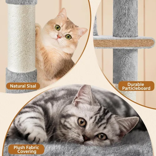 Miniatura 6 de Yaheetech - Torre de árbol para gatos de 62 pulgadas, mueble para mascotas con doble refugio, postes para rascar, múltiples plataformas y pelotas