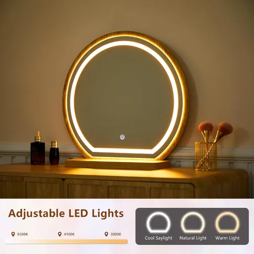Miniatura 4 de ORRD Escritorio de tocador con espejo y luces, juego de escritorio de tocador moderno de panel de madera ondulada, mesa de maquillaje con cajones
