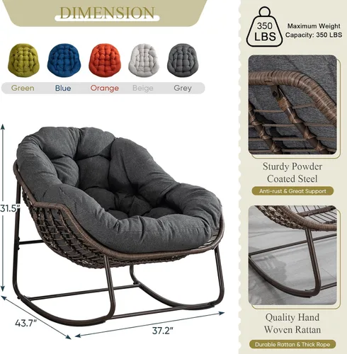 Miniatura 7 de Antetek Silla mecedora para patio al aire libre, cómoda silla de mimbre con cojín acolchado, mecedora de gran tamaño para interiores y exteriores
