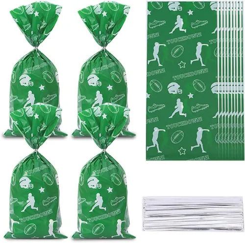 Glodecart 100 bolsas de celofán de fútbol americano para decoración deportiva, fiestas, galletas, fútbol, deportes, bolsas de dulces con lazos