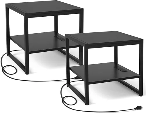Miniatura 16 de Homieasy - Mesa auxiliar con estación de carga, soporte para mini refrigerador de 20 pulgadas con estante abierto de 2 niveles, mesita de noche