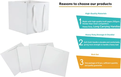Miniatura 3 de HUAPRINT Bolsas de papel blanco con asas, bolsas de regalo a granel, paquete de 12 unidades, tamaño cuadrado grande de 10 x 10 x 10 pulgadas, kraft