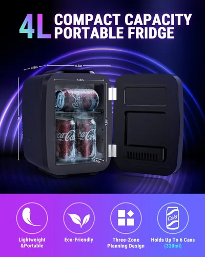 Miniatura 2 de FANSEXPERT Mini nevera, refrigerador pequeño de 4 litros/6 latas con luz LED regulable, mini enfriador y calentador portátil de CA/CC, refrigerador