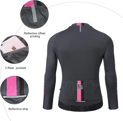 Miniatura 68 de Santic - Camiseta de ciclismo para hombre, manga larga, reflejante, cremallera completa, con bolsillos