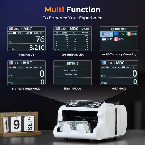 Miniatura 4 de MUNBYN IMC09 Máquina contadora de dinero de denominación mixta, contador de valores, contador de billetes UV/MG/IR/MT, máquina de conteo de dinero