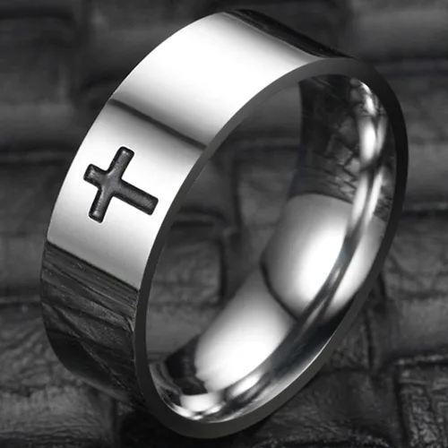 Miniatura 3 de Jude Jewelers Anillo de boda religioso de acero inoxidable de 0.315in con cruz cristiana simple, Metal, Zirconia cúbica