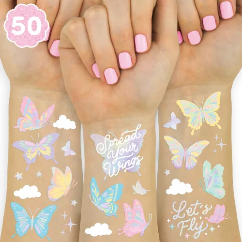 xo, Fetti Tatuajes temporales de mariposa pastel – 70 estilos de aluminio | Decoraciones de fiesta de cumpleaños de hadas arco iris, monarcas,