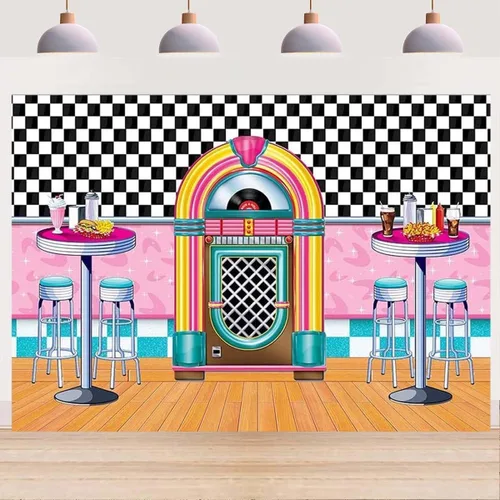 Miniatura 3 de Fondo de fotos de comedor clásico para cenar, fondo retro para cenar, música rock, decoración clásica de fiesta de cumpleaños, taburetes de bar