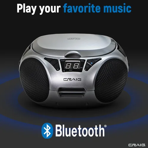 Miniatura 5 de Craig CD6925 - Caja de CD estéreo portátil de carga superior con radio estéreo AM/FM Bluetooth inalámbrico y puerto AUX (plata, Bluetooth)