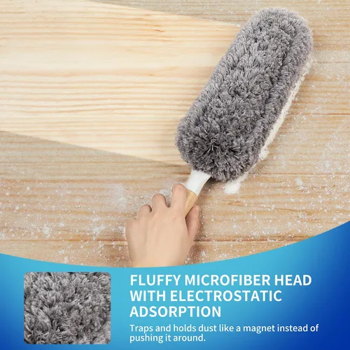 Miniatura 3 de MR.SIGA Plumero de microfibra sin pelusas, lavable y reutilizable, con mango de bambú y cabezal reemplazable, plumero para limpieza del hogar