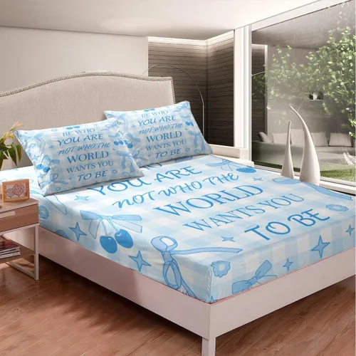 Miniatura 3 de Sábana bajera con lazo azul tamaño individual, juego de ropa de cama de princesa con cerezas, estrellas y flores margaritas de dibujos animados